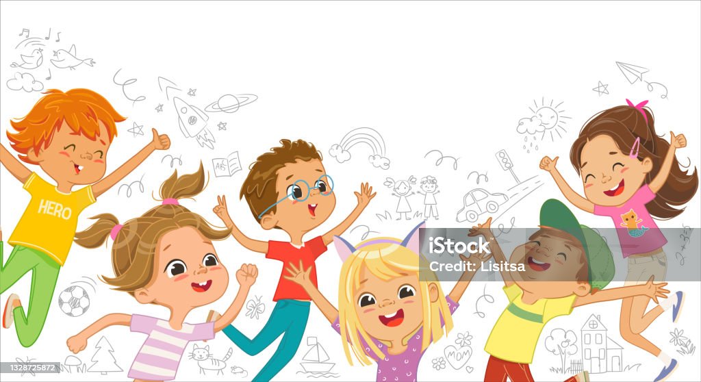 A Group Of Caicasian Boys And Girls Play Together Jumping And Dancing Fun  Against The Background Of The Wall With Children Drawings Long Banner Funny  Cartoon Characters Vector Illustration Isolated On White