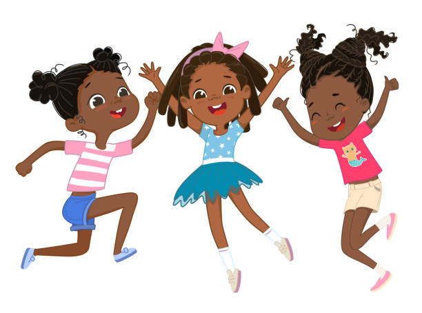 ilustraciones, imágenes clip art, dibujos animados e iconos de stock de lindas chicas afroamericanas felices juegan juntas, saltando y bailando diversión contra el fondo. chicas risu riendo, fondo vectorial para cartel, portada, etc. - little girls