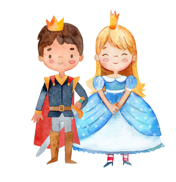 illustrations, cliparts, dessins animés et icônes de illustration à l’aquarelle d’un mignon petit prince et princesse dans une robe bleue. petite fille et garçon entourés d’une couronne florale aquarelle. isolé - prince