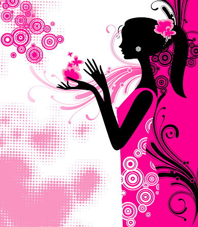 Black silhouette of a young slim girl in pink dress with abstract flowers in hand on a decorative background. Fashion, perfumery and cosmetics page template. 

Vector illustration