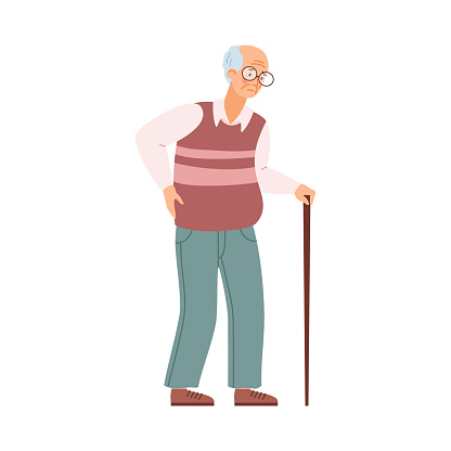 Tired old man, elderly unhealthy male character with walking stick. Sad senior holds on illness lower back. Flat cartoon vector illustration isolated on white