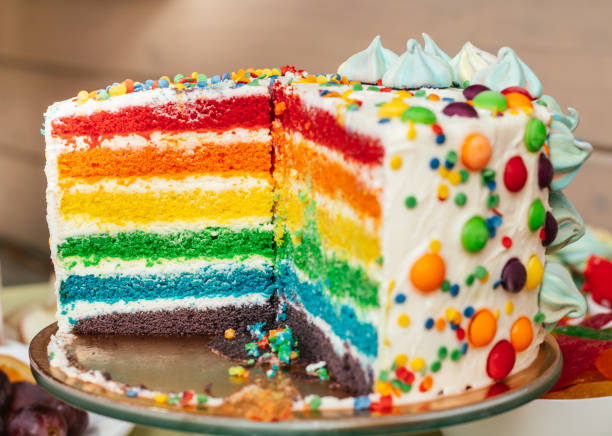 istock Sliced multicolored rainbow cake. Cake with layers of bright colors inside it 1328732060