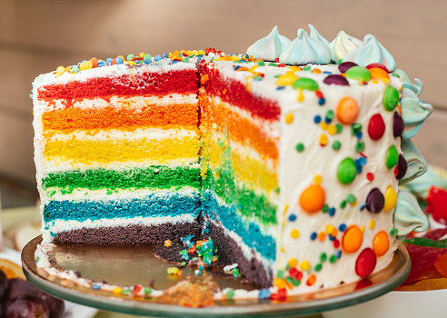Sliced multicolored rainbow cake. Cake with layers of bright colors inside