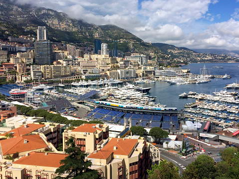 open-wheel single-seater racing car Grand Prix of Monaco. High quality photo A general view over the harbour during previews ahead of the Monaco open-wheel single-seater racing car Grand Prix at Circuit de Monaco