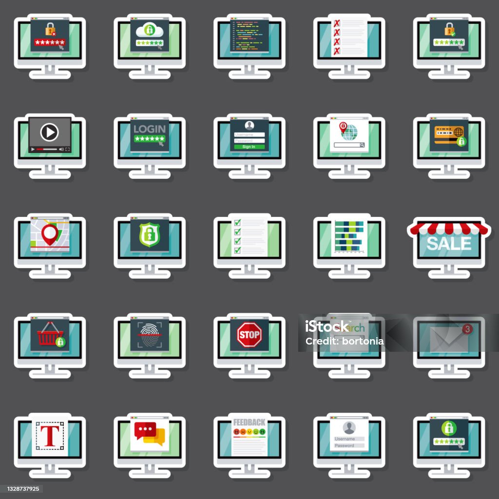 Desktop Monitor Sticker Computer Screen Sticker Set Stock Illustration - Download Image Now ...