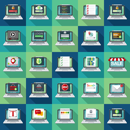 A set of icons with different computer screens. File is built in the CMYK color space for optimal printing. Color swatches are global so it’s easy to edit and change the colors.