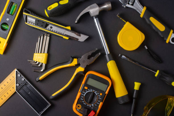 istock Set of hand tools on a black background. 1328738447