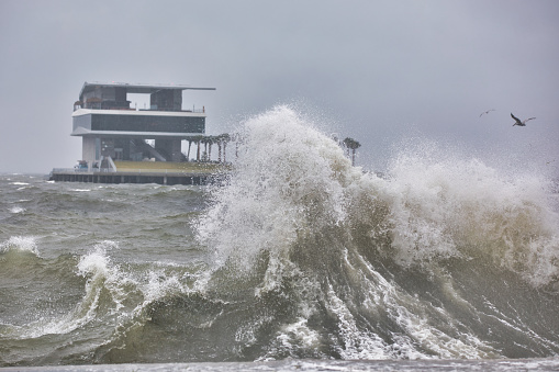 A wave crashing against a seawall on Tampa Bay during a tropical storm with the St Pete Pier in the background.