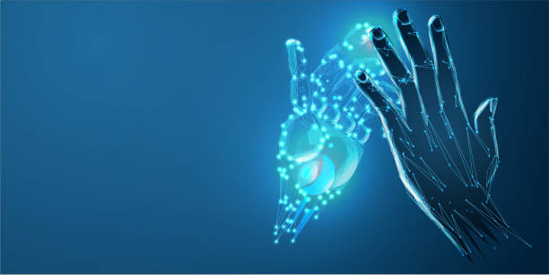 istock Robot arm and hand human, touch. Illustration can be used for artificial intelligence business banner design. Technological concept. Banner. Low poly illustration of a starry sky or Comos. 1328740418