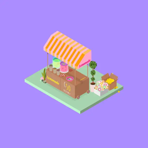 Vector illustration of Isometric Lemonade Stand - Food/Drink Kiosk - Detailed Fair Counter Illustration