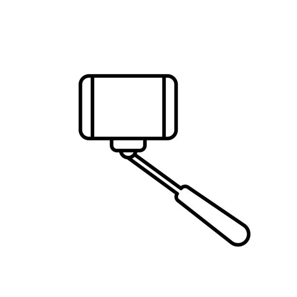 selfie-stick oder einbeinstativ für selfie-schwarzliniensymbol. fotokonzept. trendiges flaches isoliertes umrisssymbol, verwendet für: illustration, zeichen, logo, mobile, app, design, web, dev, ui, ux, gui. vektor eps 10 - einbeinstativ stock-grafiken, -clipart, -cartoons und -symbole