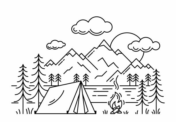 Camping tent in forest at the river outline vector illustration. Camping tent in forest at the river outline vector illustration. Black linear campsite isolated on white background. Outdoor recreation in woods and at the river. mountain peak clouds stock illustrations