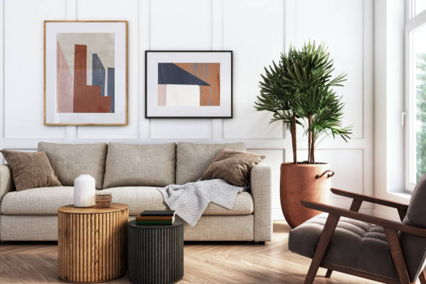 modernes wohnzimmer interieur - 3d-rendering - brown table inside stock-fotos und bilder