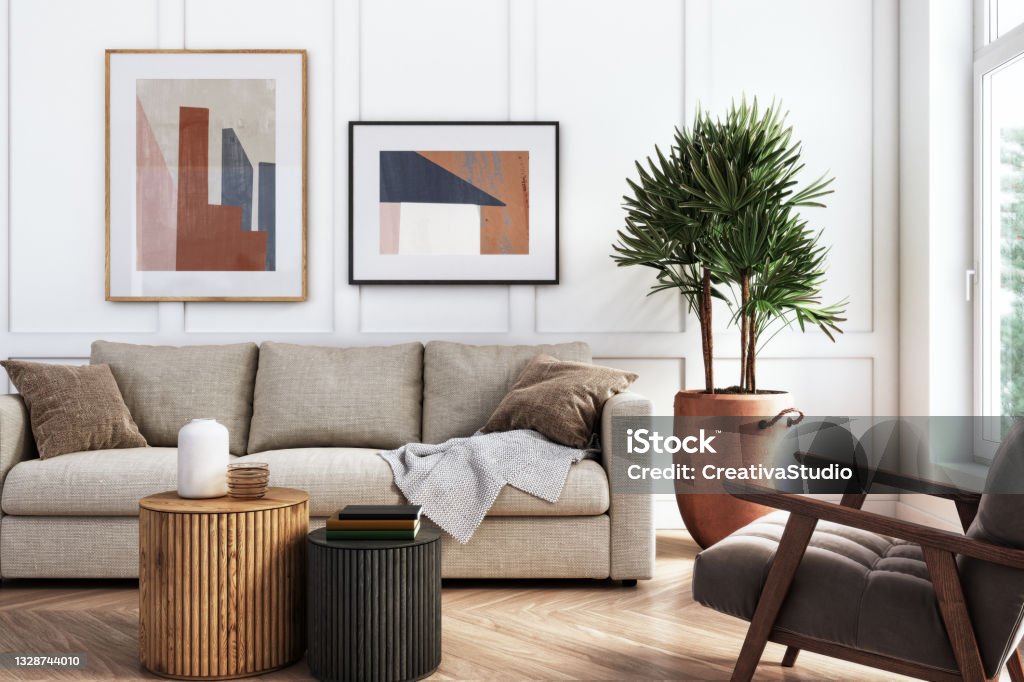 Modern living room interior - 3d render Living room interior design- 3d render with beige and gray colored furniture and wooden elements Living Room Stock Photo