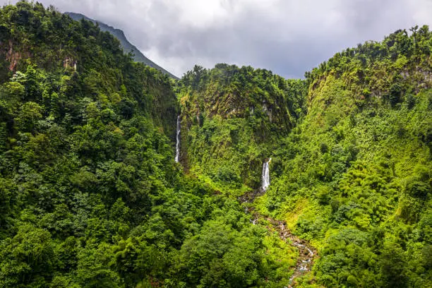 Famous "twin falls" in Dominica, Eastern Caribbean. Drone aerial view.