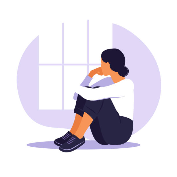 woman in depression with bewildered thoughts in her mind. young sad girl sitting in window and hugging her knees. flat style - depresyon stock illustrations