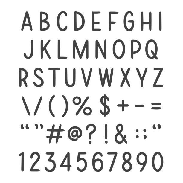 handbeschriftetes vektoralphabet mit sonderzeichen und ziffern – normales gewicht schmal - hashtag doodle text black stock-grafiken, -clipart, -cartoons und -symbole