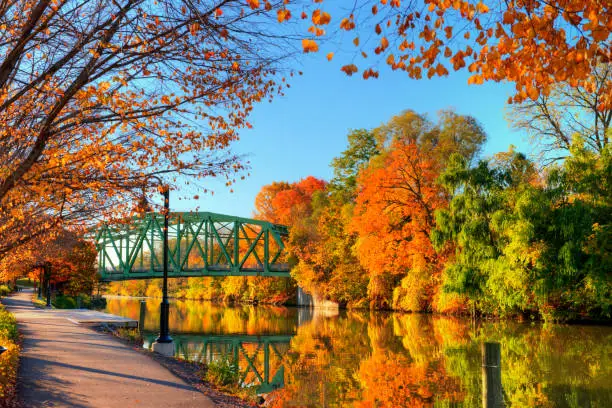 Photo of Bridge over the Erie Canal with beautiful Fall Colors-Pittsford, NY