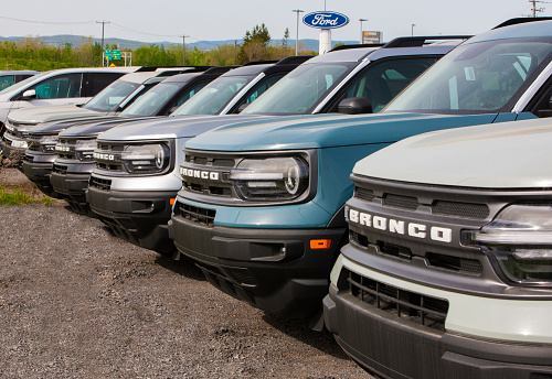 Saint Foy, Quebec, Canada - May 18, 2021:2021 Ford Broncos in parking lot of Ford Dealership.
