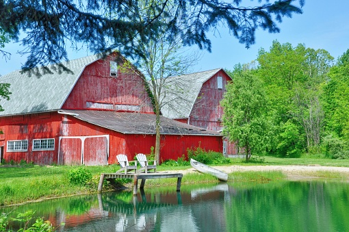 Twin red barns with pond- Northern Ohio