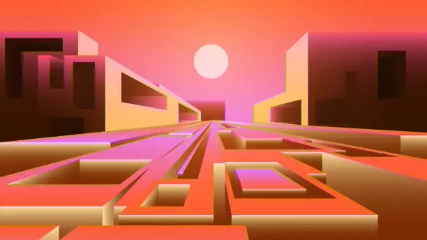 Vector illustration of Abstract geometric cityscape - Strange block buildings.