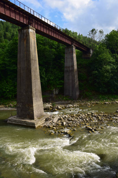 istock A pedestrian bridge with a railing rises above the turbulent mountain river on long concrete columns 1328751043
