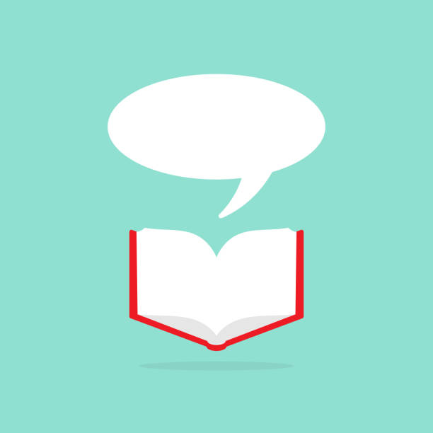 istock Open book with red book cover and white speech bubble flying out. Isolated on powder blue background. 1328752501