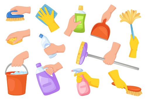 Cleaning tools in hands. Hand holding housekeeping equipment, broom, duster, detergent, scoop. Cartoon house cleaning supplies vector set