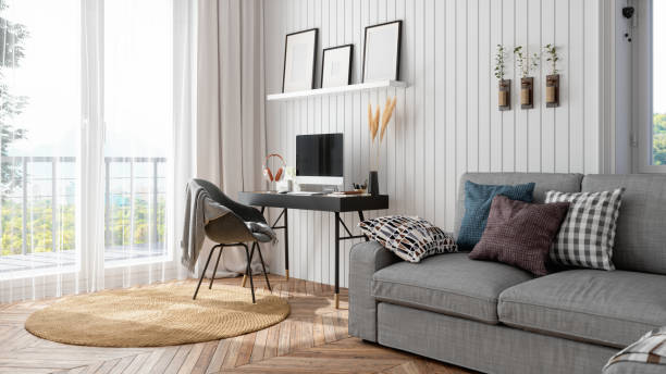 home office interieur im skandinavischen stil - arbeiten von zuhause stock-fotos und bilder