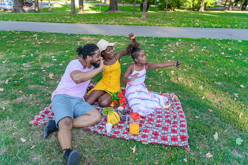 Young African Man, his Wife, and Cute Daughter are Smiling and Enjoying in Time Together Lying Down on a Blanket, Photographing Themselves During a Sunny Day.