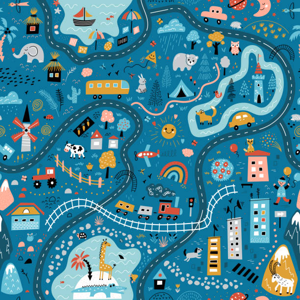 illustrations, cliparts, dessins animés et icônes de voyagez à travers le monde tapis de jeu pour les enfants. modèle transparent de carte de terrain pour bébé. tapis pour enfants avec de jolies routes griffonnées, nature, ville, village, forêt, mer et animaux sauvages. fond bleu - map road trip