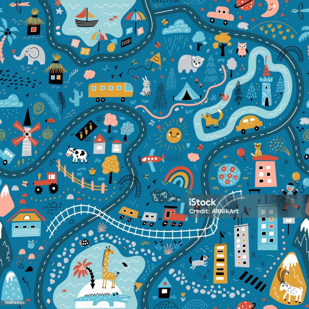 schoolbord steno wandelen Travel Around The World Play Mat For Children Baby Land Map Vector Seamless  Pattern Kid Carpet With Cute Doodle Roads Nature City Village Forest Sea  And Wild Animals Blue Background Stock Illustration -