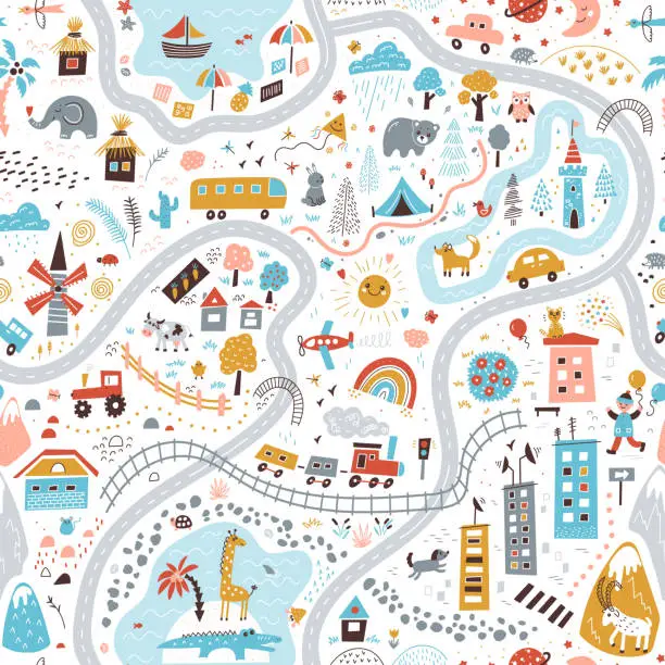 Vector illustration of Travel around the world play mat for children. Baby land map vector seamless pattern. Kid carpet with cute doodle roads, nature, city, village, forest, sea and wild animals