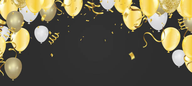 istock Gold balloons and Celebration background template with confetti and gold ribbons. luxury 1328764565