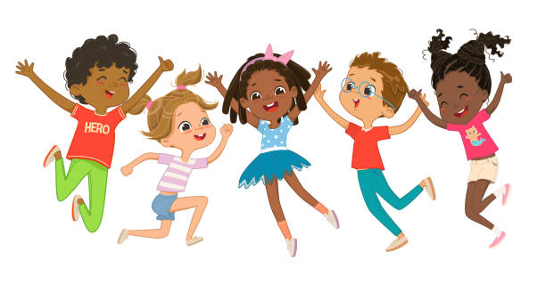 Multicultural boys and girls play together, happily jumping and dancing fun against the background. Children are having fun. Colorful cartoon characters. Vector illustrations Multicultural boys and girls play together, happily jumping and dancing fun against the background. Children are having fun. Colorful cartoon characters. Vector illustrations. multicultural children stock illustrations