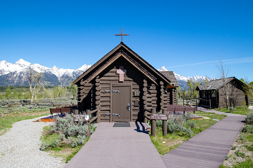 Chapel of the transfiguration Episcopal in Jackson Hole Wyoming in May, horizontal