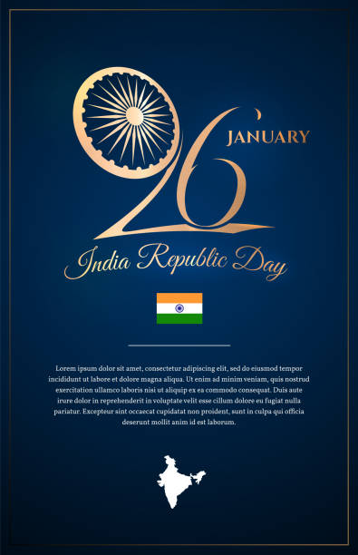 Indian Republic Day 26 January Poster Vector India republic day 26 January design poster. Vector Illustration. National celebrating banner. Indian wheel symbol and gold text with color flag. number 26 stock illustrations