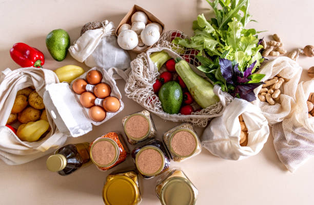 istock Eco-friendly store purchases packed mesh bags and glass jars. Zero waste concept. 1328772496
