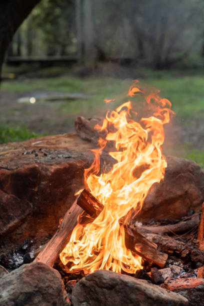 lagerfeuer brennt in den felsen. campingleben. - fire pit fire camping burning stock-fotos und bilder