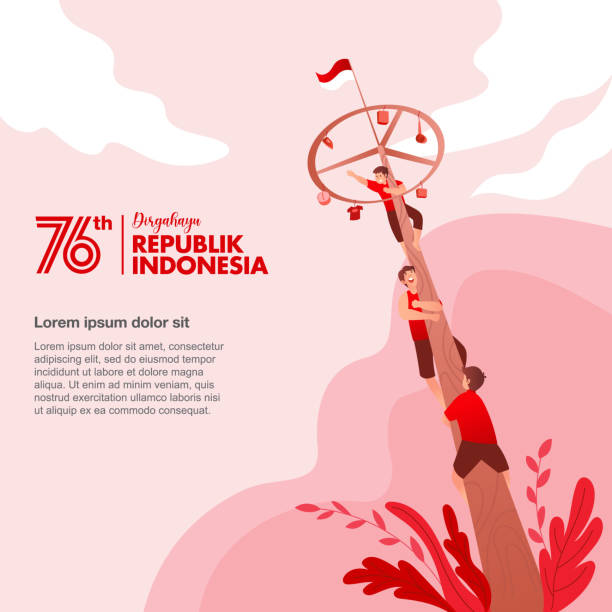 ilustraciones, imágenes clip art, dibujos animados e iconos de stock de tarjeta de felicitación del día de la independencia de indonesia con ilustración del concepto de juegos tradicionales - indonesia