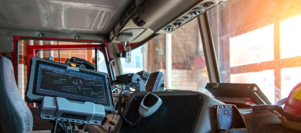 Monitoring panel on fire truck with dials and gauges