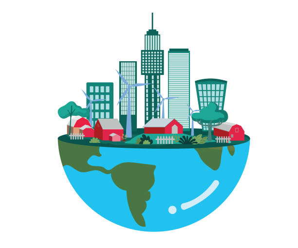 istock Flat illustration. Half the world is a city with green buildings and trees with wind turbines generating electricity. 1328778325