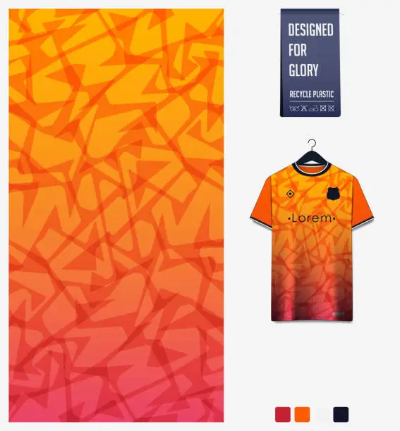 Vector illustration of Soccer jersey pattern design.  Abstract pattern on orange background for soccer kit, football kit or sports uniform. T-shirt mockup template. Fabric pattern. Sport background.