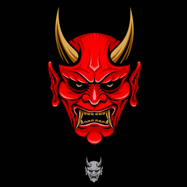 ilustraciones, imágenes clip art, dibujos animados e iconos de stock de ilustración del vector de la cabeza de oni - diablo