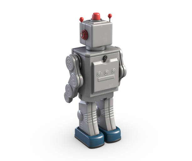 白で分離されたヴィンテージロボットのおもちゃの3dイラスト。 - robot conformity toy retro revival ストックフォトと画像