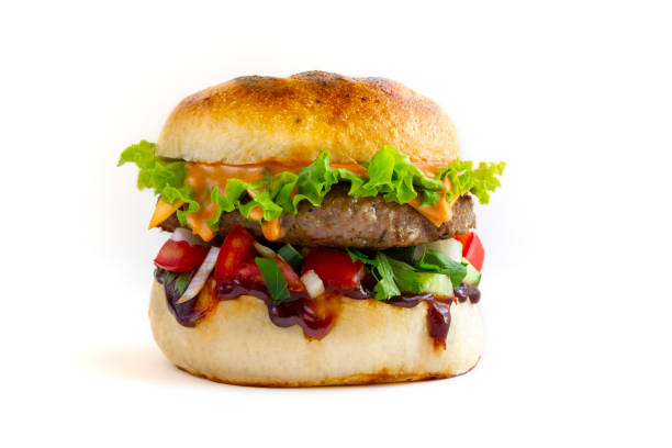 istock Fresh tasty pork burger on white background 1328780487