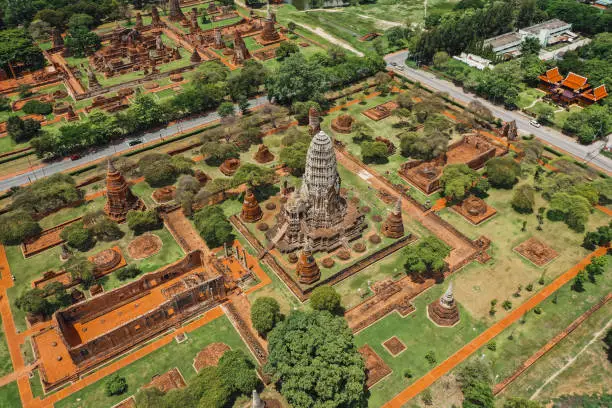Aerial view of Ayutthaya temple, Wat Ratchaburana, empty during covid, in Phra Nakhon Si Ayutthaya, Historic City in Thailand, south east Asia
