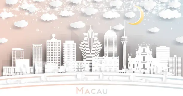 Vector illustration of Macau China City Skyline in Paper Cut Style with White Buildings, Moon and Neon Garland.