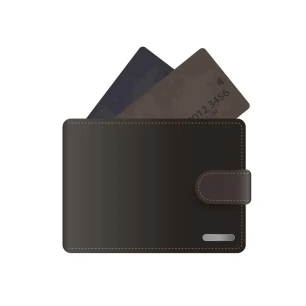 Vector illustration of Brown wallet with credit cards. Male wallet with bank cards isolated on a white background. Vector.
