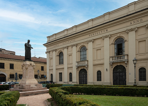 Mantua, Italy. July 13, 2021.   view of the Bibiena Scientific Theater facade in the city center